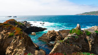 Rugged Pacific coastline in California: weathered tan rock bluffs covered with red and green ice plant overlook a turquoise cove, with offshore sea stacks, white surf, and deep blue ocean stretching toward a hazy headland under a pale sky.